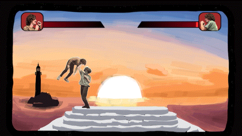 image of one man uppercutting another guy against a sunset, in the style of a retro fighting game