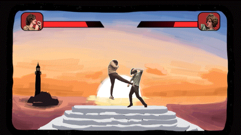 Animation of a person in tan kicking another person in the air